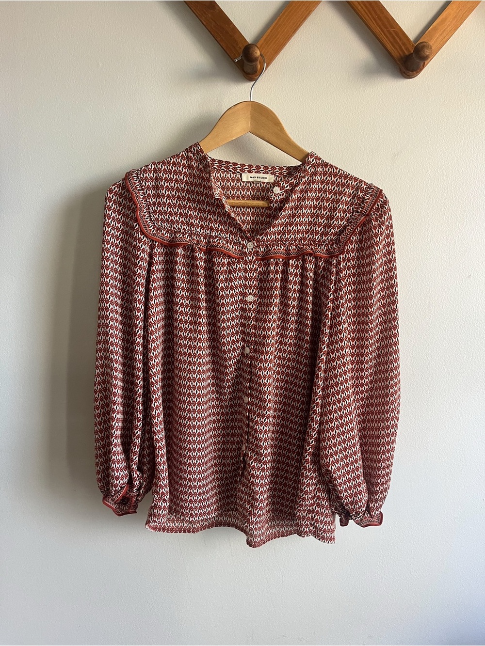 Max Studio Woven Pattern Red Women's Blouse with Sailor Collar